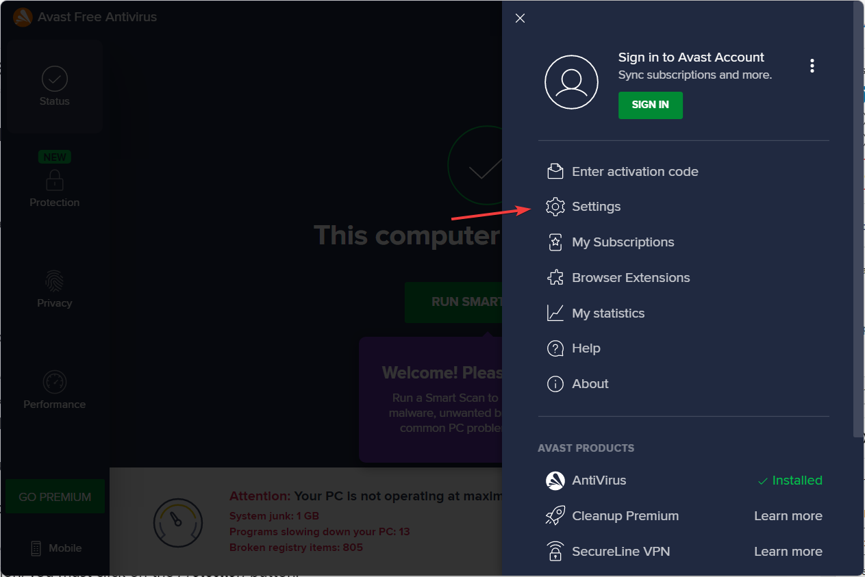 avast-settings firefox stuck on now installing