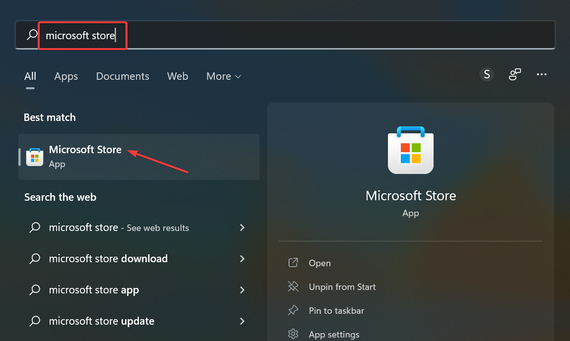 open Microsoft store from search bar