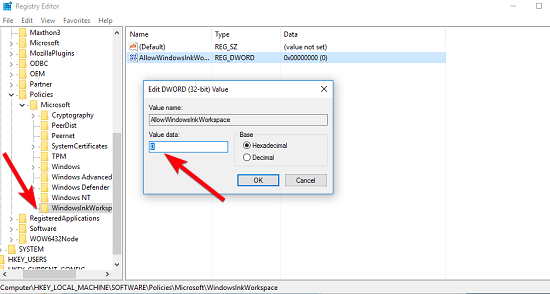 windows ink workspace value settings