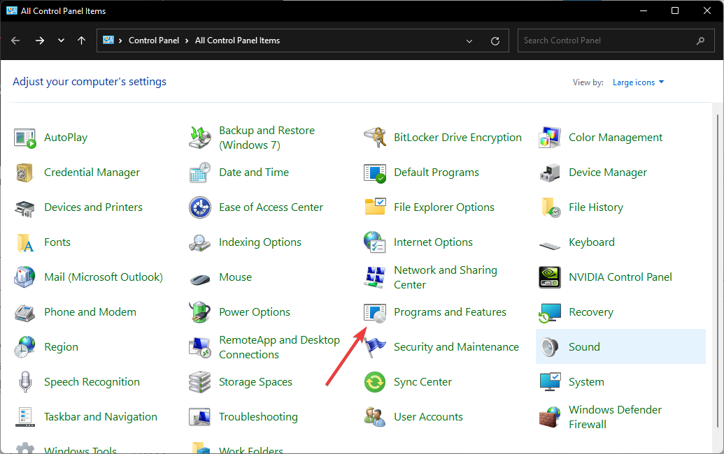 Programs and features control panel