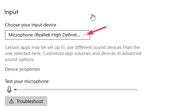 input device selected settings app