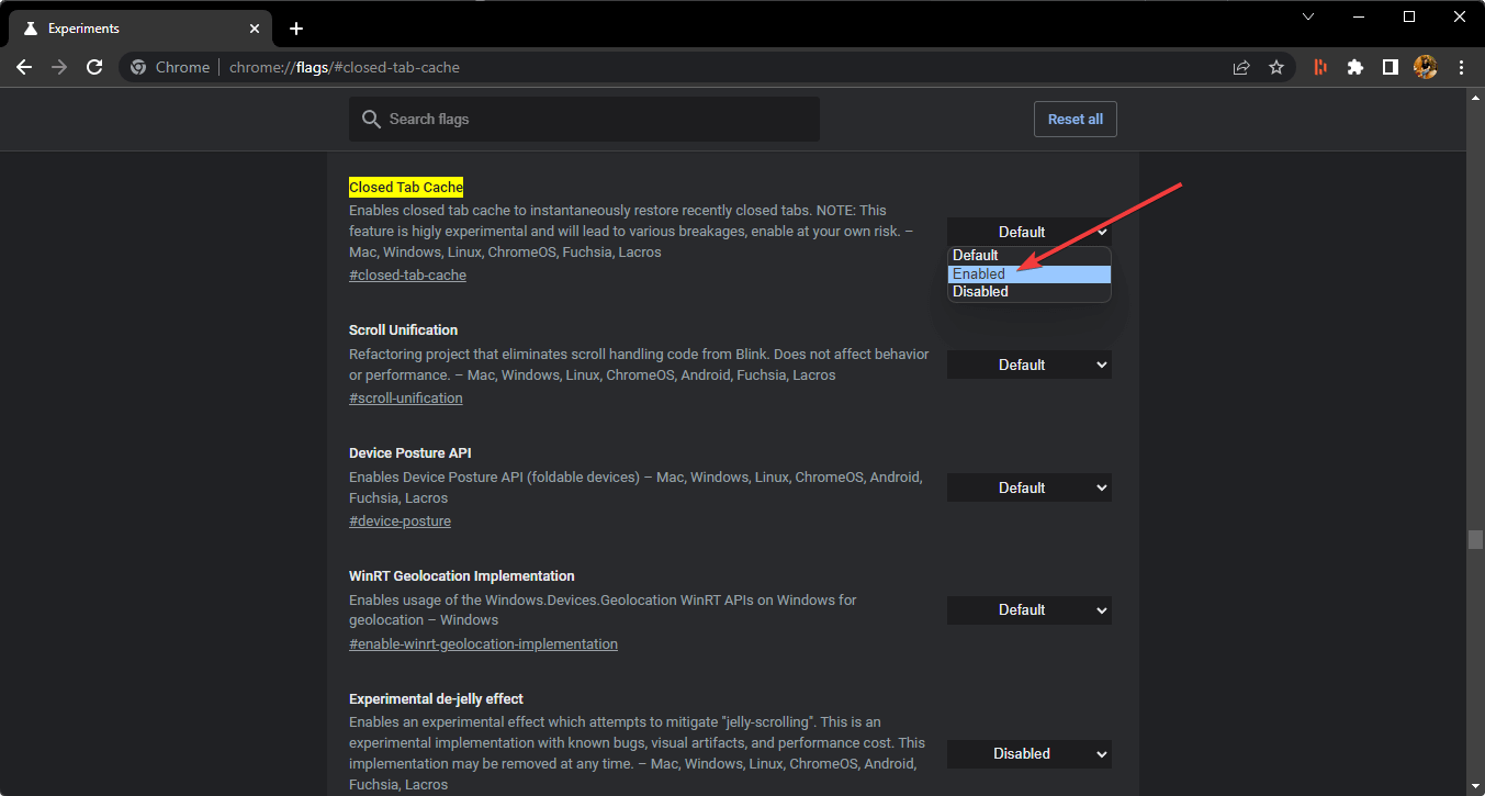 enabling closed tab cache chrome