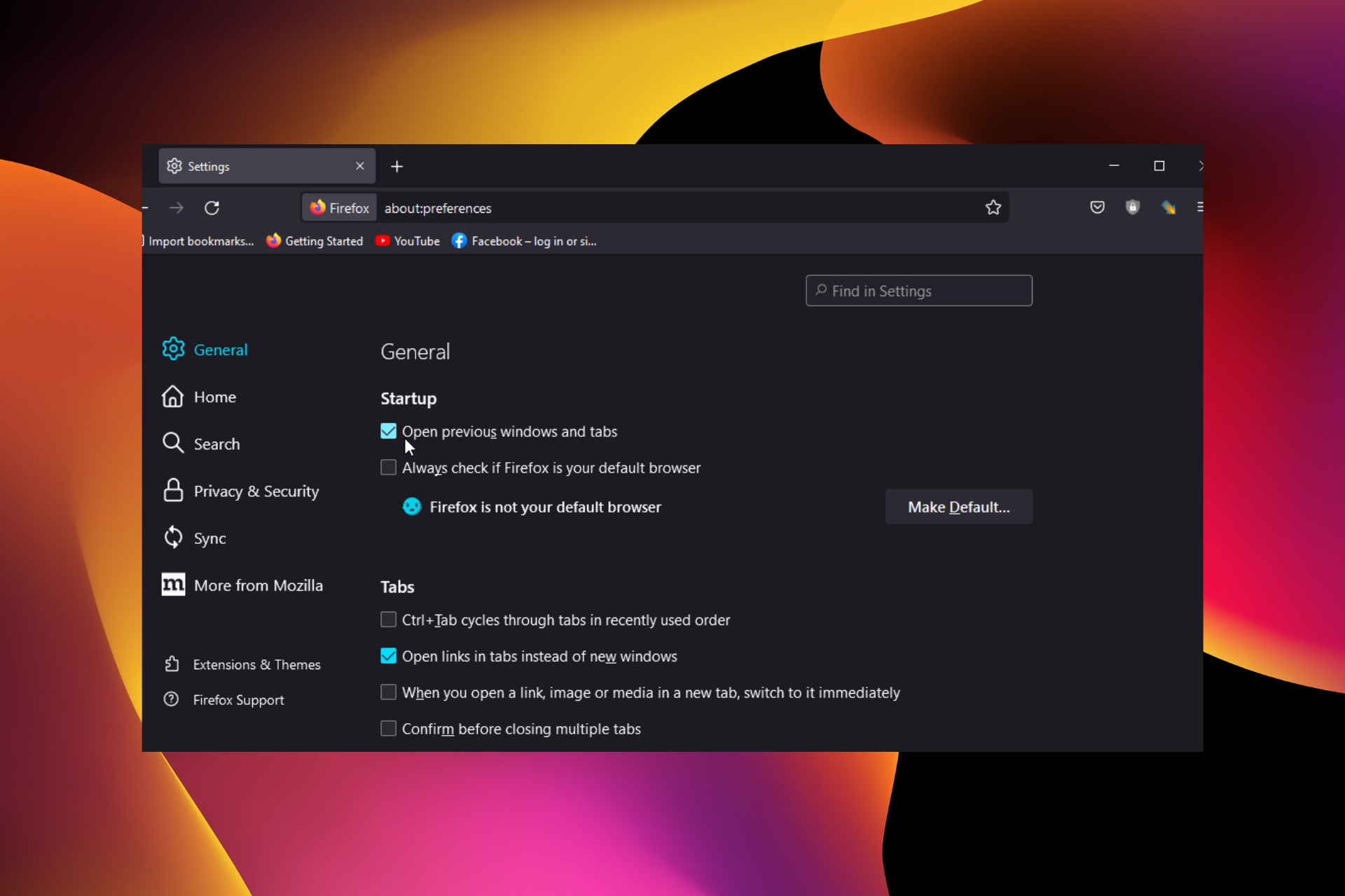 restore previous session not working forefox