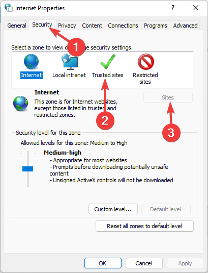 chrome trusted sites internet properties