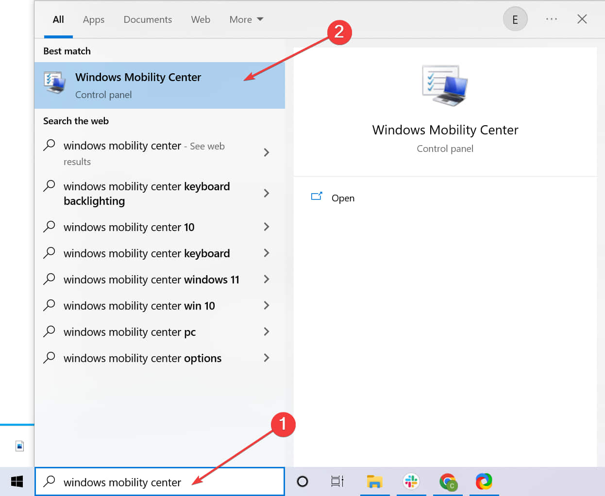 windows mobility center settings control panel