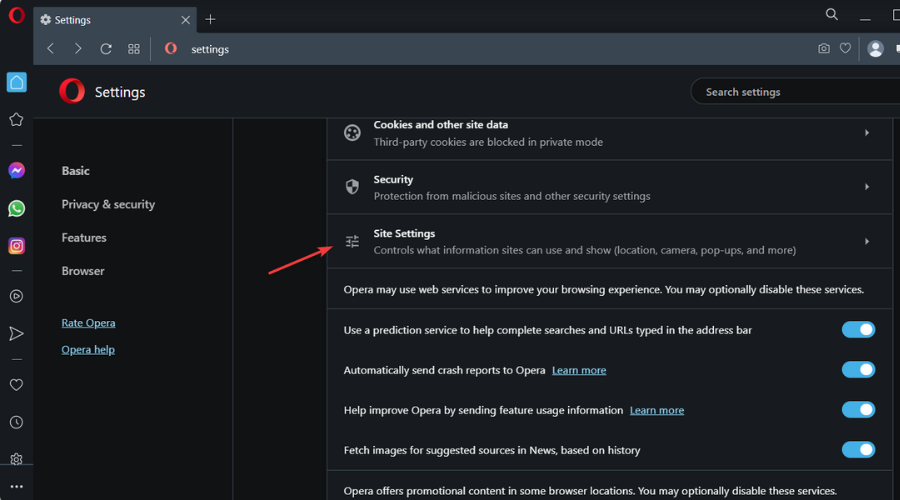 opera site settings