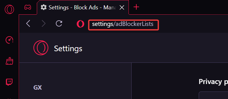 adblocker lists address in opera gx