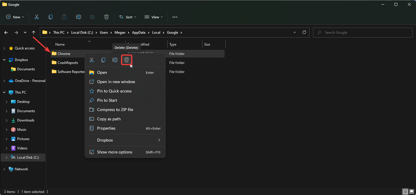 Delete Chrome file if browser not working in windows 7.