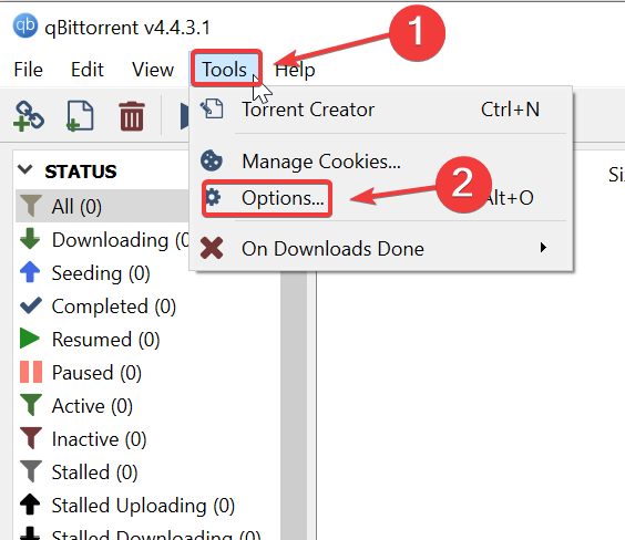 qbittorrent options menu tools