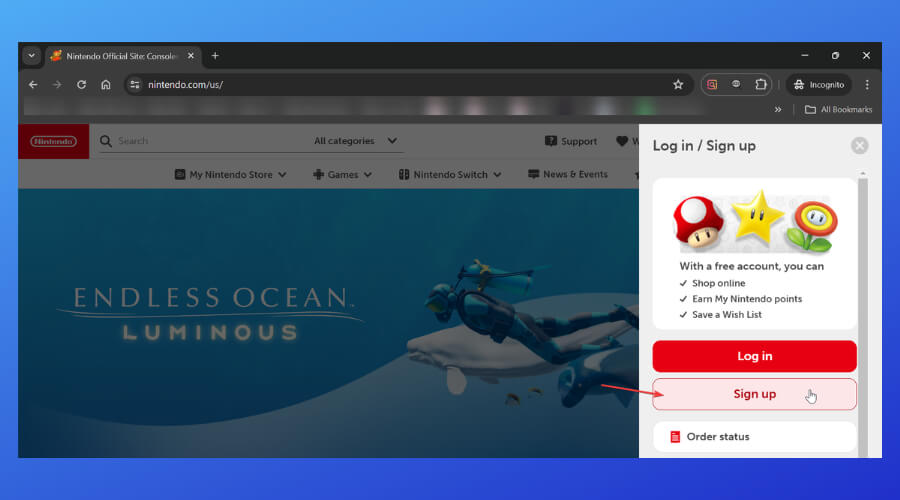 signup button on nintendo website