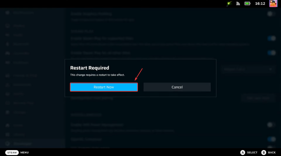 restart now steam deck