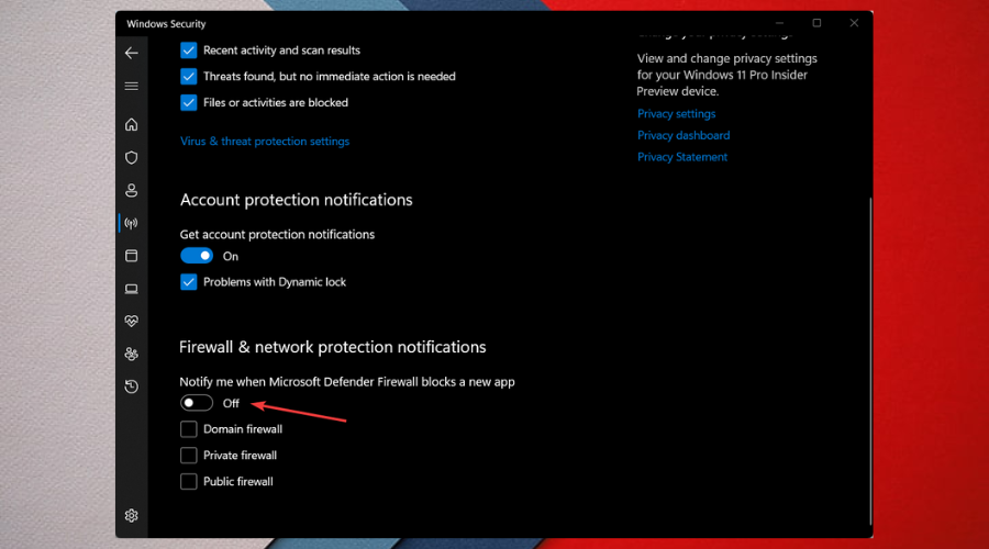 firewall notifications settings