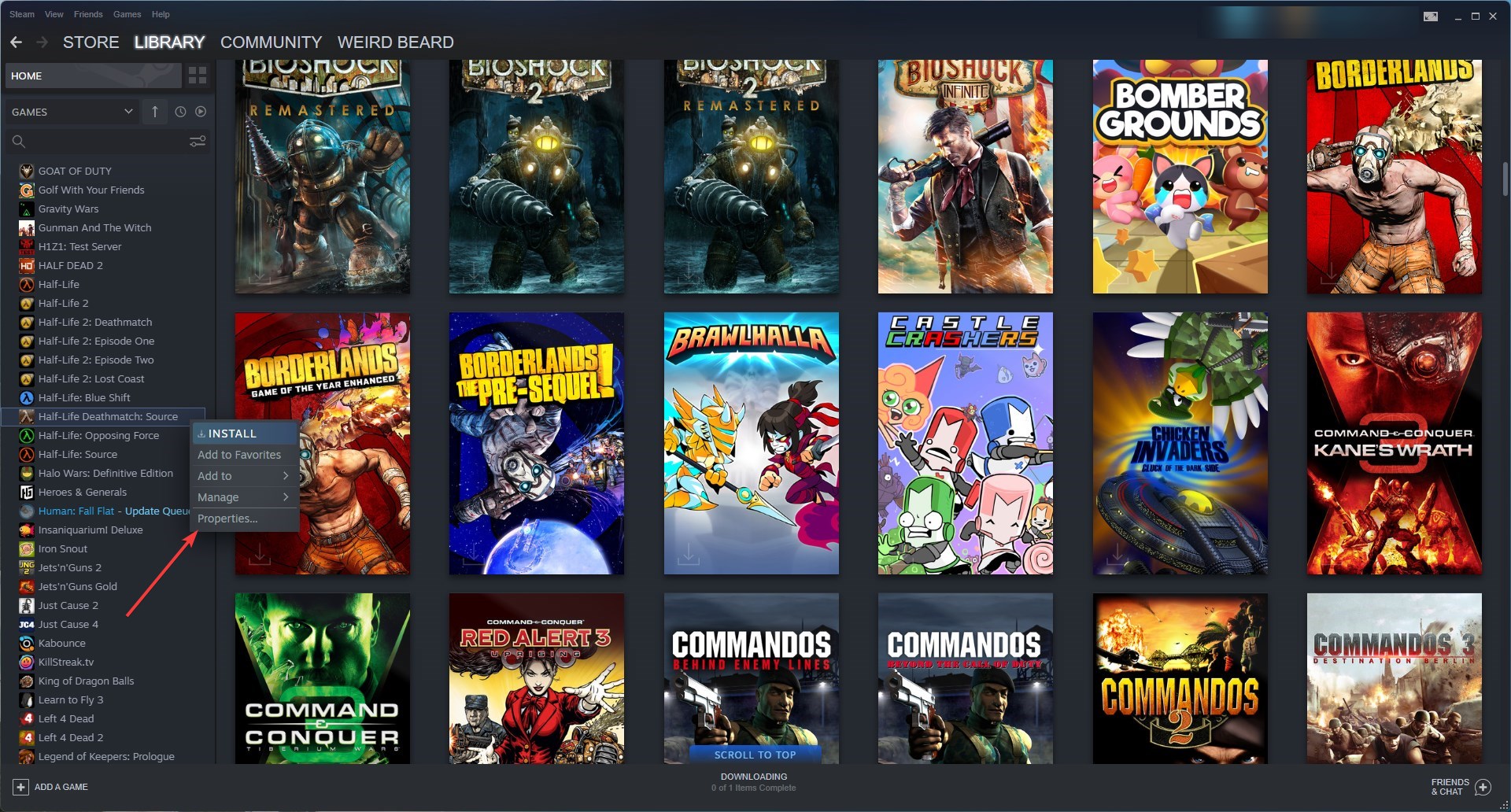 game propeties in steam library