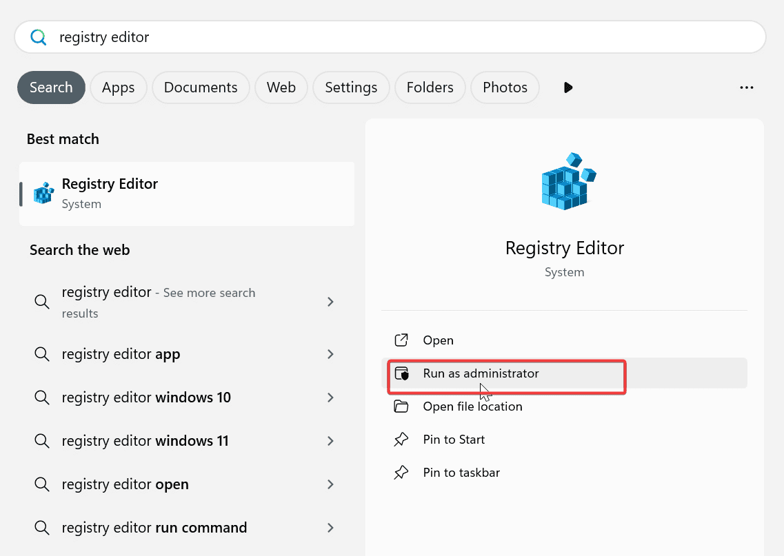 run registry editor as administrator