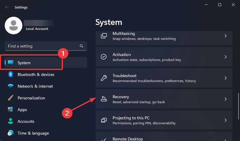 Recovery settings