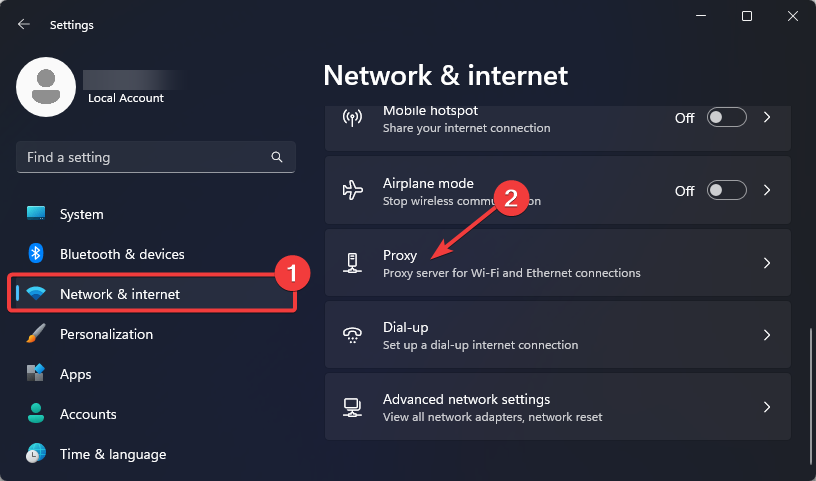 Network and internet settings