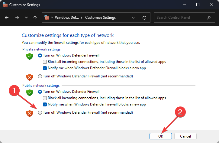 Turn Windows Defender Firewall