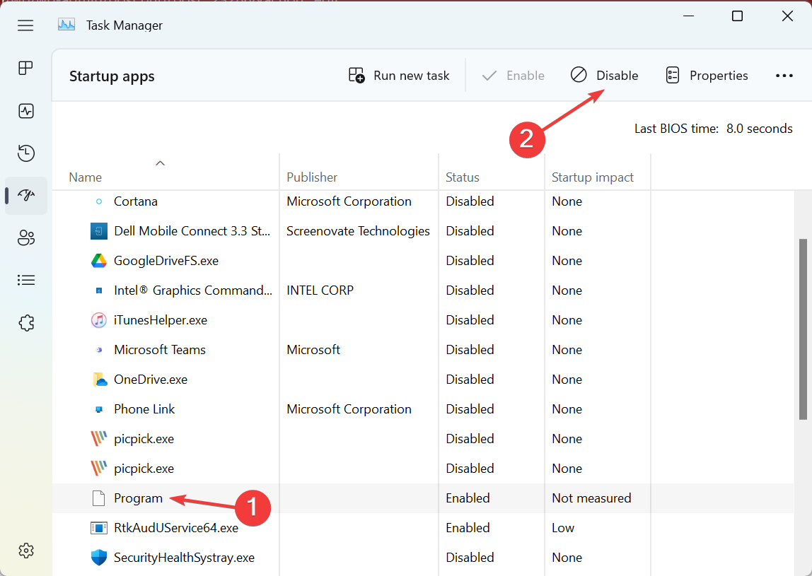 disable startup apps to fix low system resources