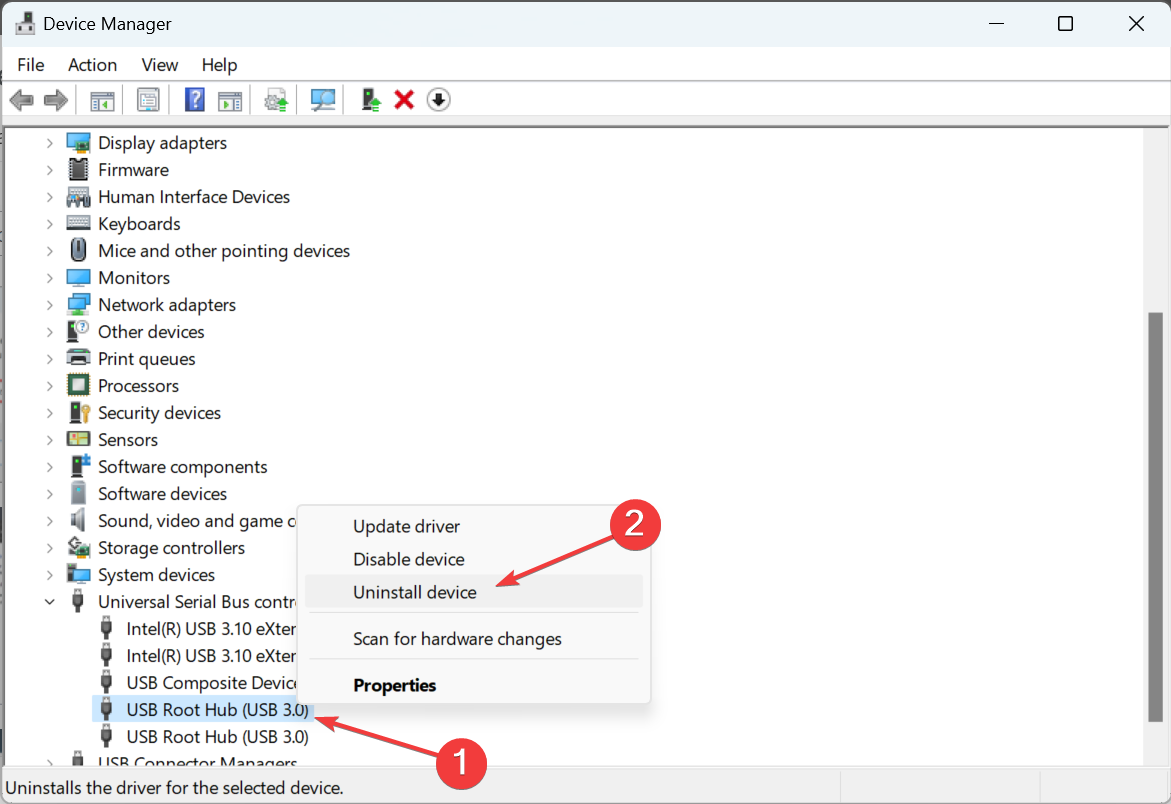 uninstall device to fix usb device not recognized windows 10