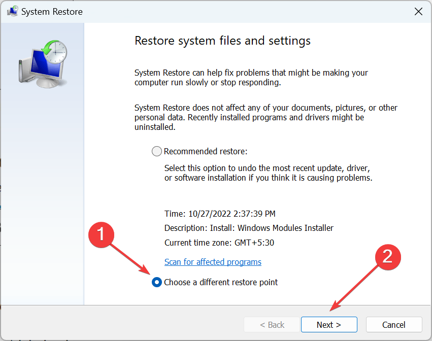 choose a different restore point