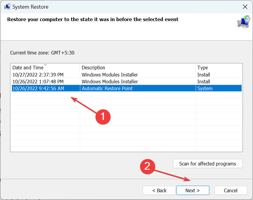 select restore point to fix kmode exception not handled windows 10