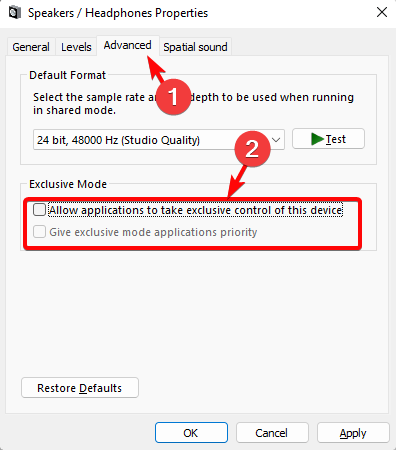 deseleziona Consenti alle applicazioni di assumere il controllo esclusivo di questo dispositivo
