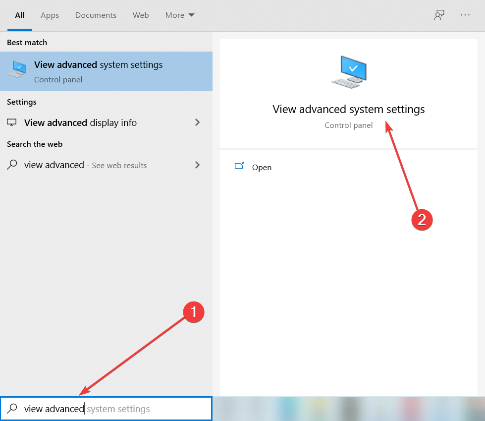 view advanced system settings search results