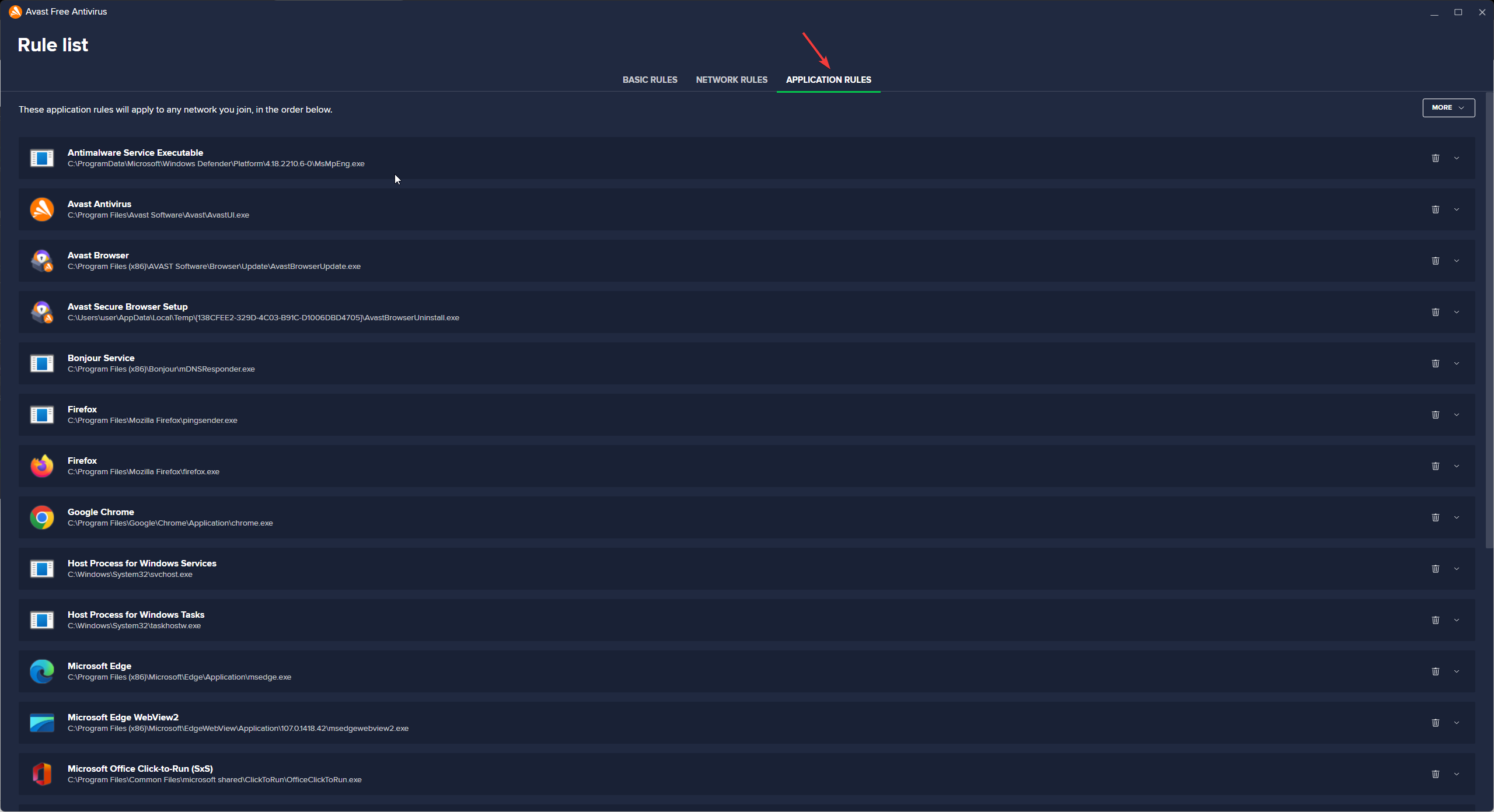 Avast Applications rules