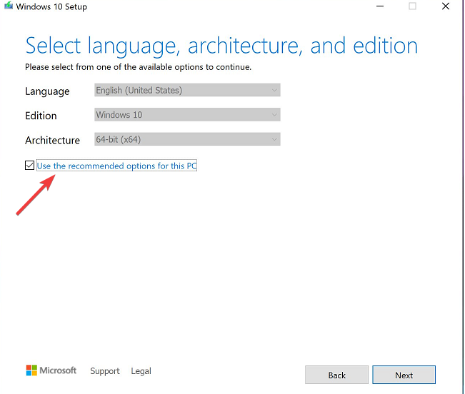 Check the box Use the recommended options for this PC. Then, click on Next| Hyper V not booting from ISO