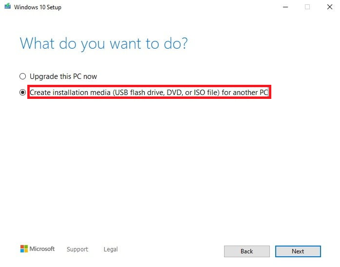 Click on Create installation media (USB flash drive, DVD, or ISO file) for another PC and proceed with Next. | Hyper V not booting from ISO