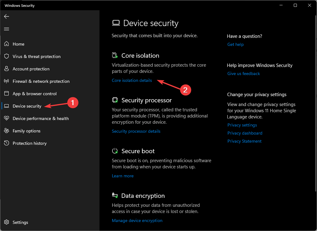 Device Security - Core isolation