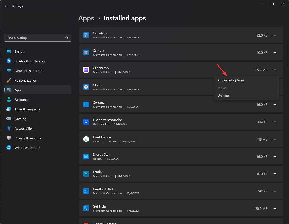 Installed apps advanced options