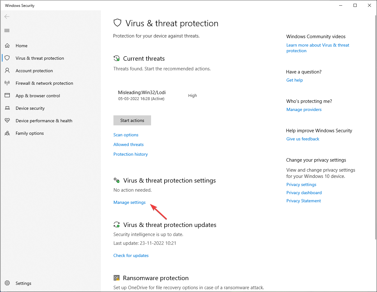 Manage Settings - Virus & threat protection