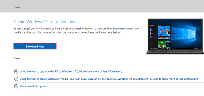 Scroll down the screen and click on Download Now under Create Windows 10 installation media | Hyper V not booting from ISO