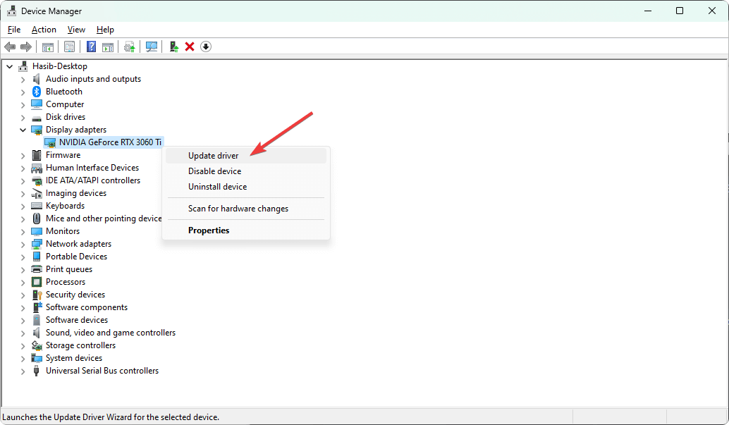 choose update driver for NVIDIA graphics card device manager