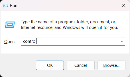 control panel command in run dialog box