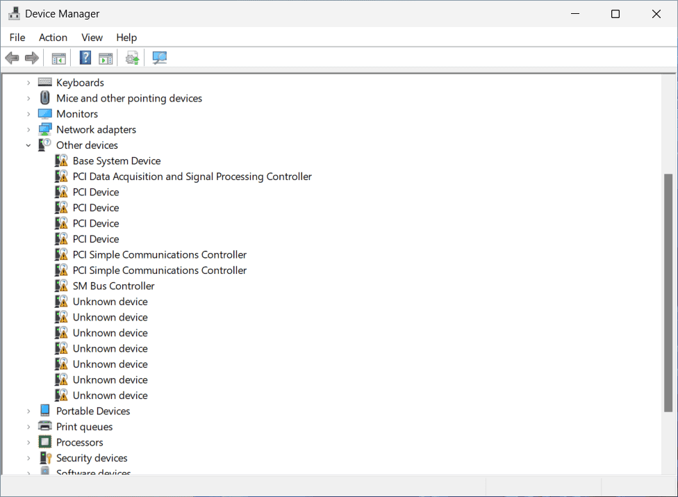 device manager warning signs