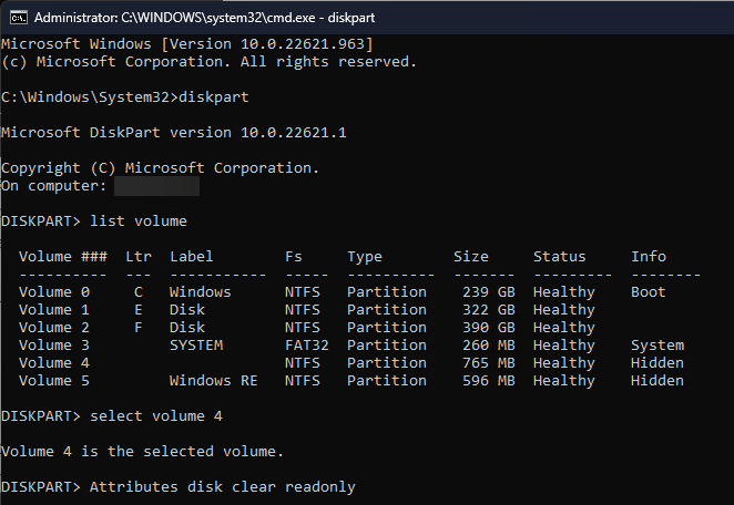 Attributes disk clear read only-Invalid media or Track 0 bad