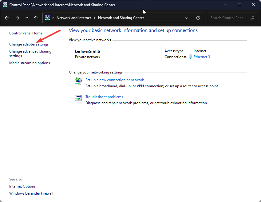 Change adapater settings