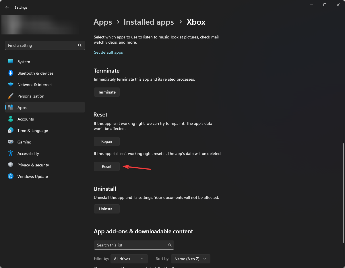 Reset - xbox app 0xbba