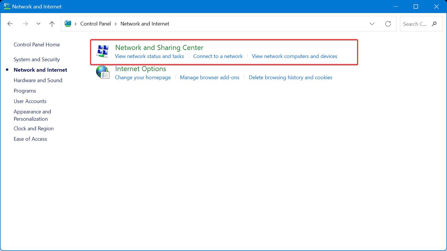 network and sharing center
