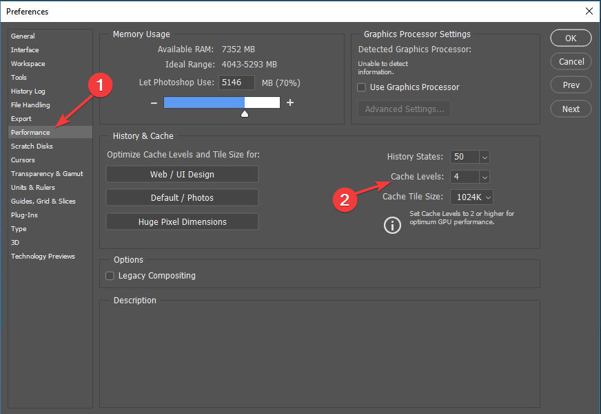 Cache Levels - photoshop not using gpu