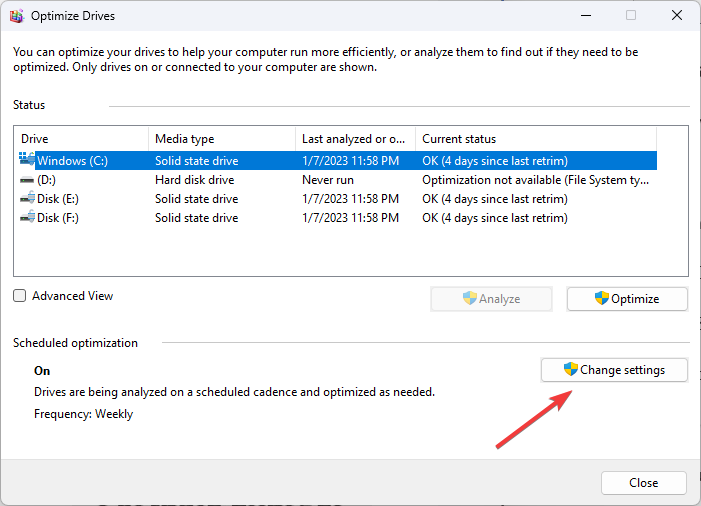 Change settings Optimize drives
