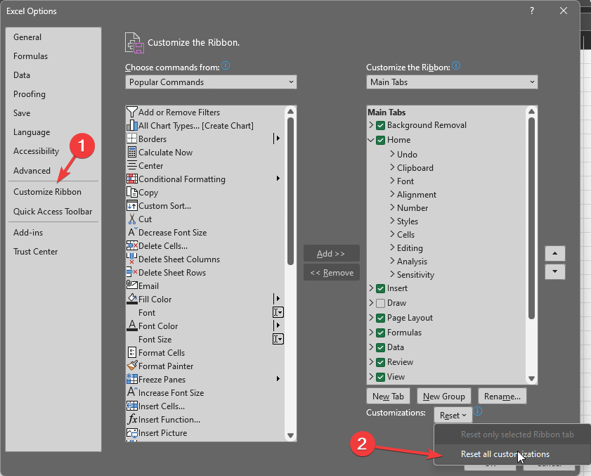 Customize Ribbon Excel toolbar not working
