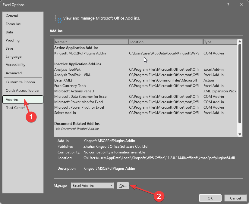 Excel options