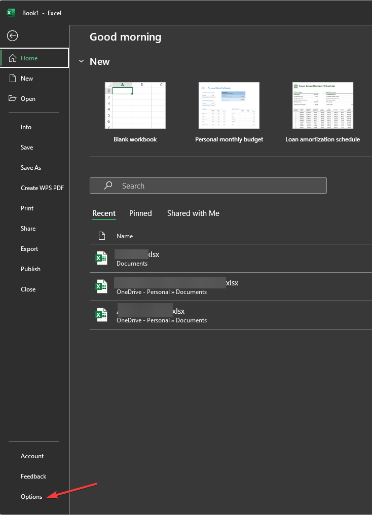 Options excel toolbar not working