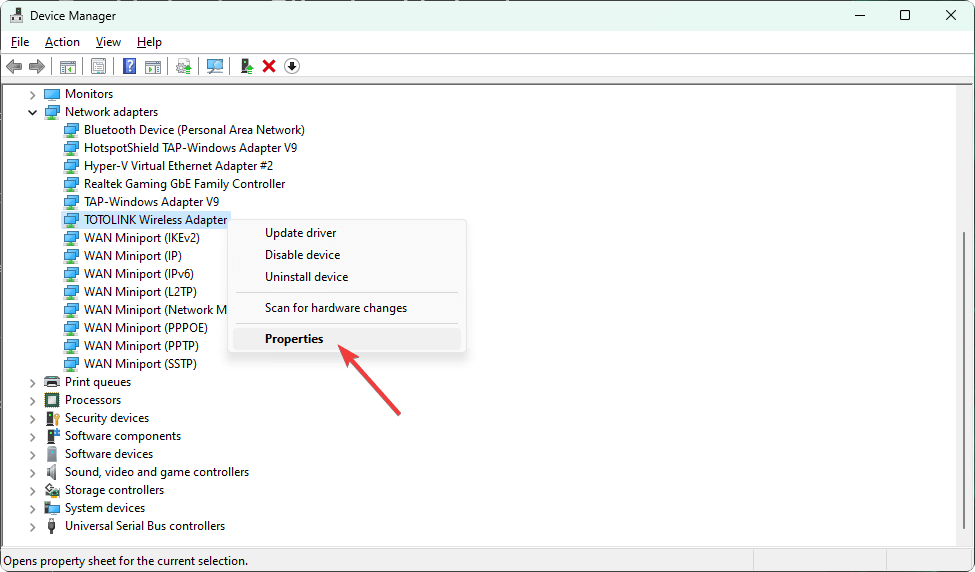 going wireless adapter properties device manager
