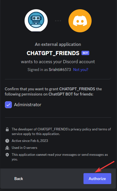 Click Authorize -integrate chat gpt with discord