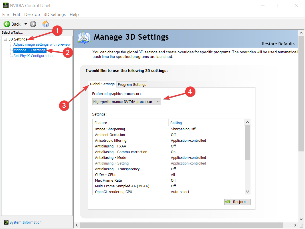 Global settings how to use dedicated graphics card instead of integrated