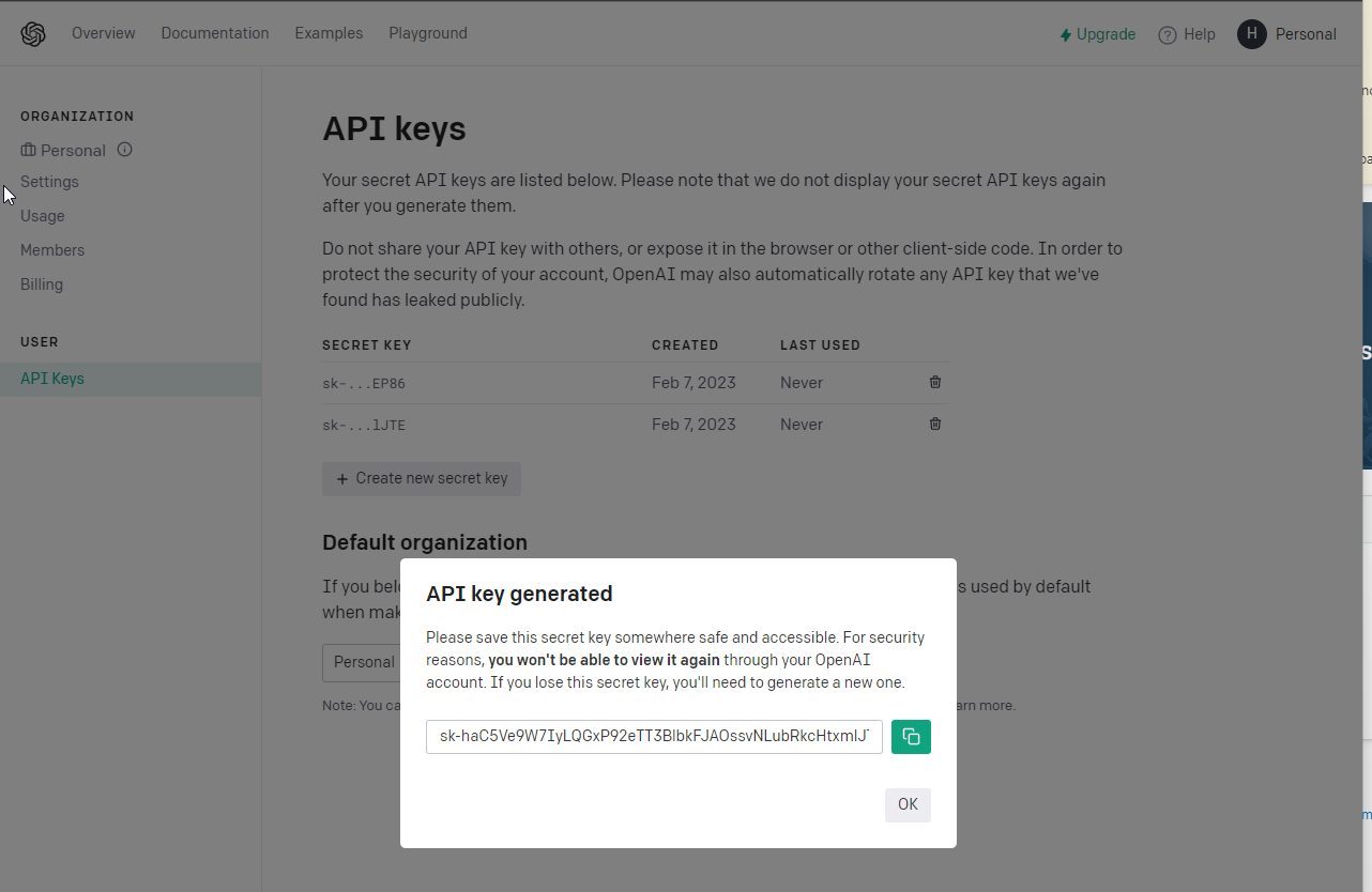 OpenAI key -integrate chat gpt with discord